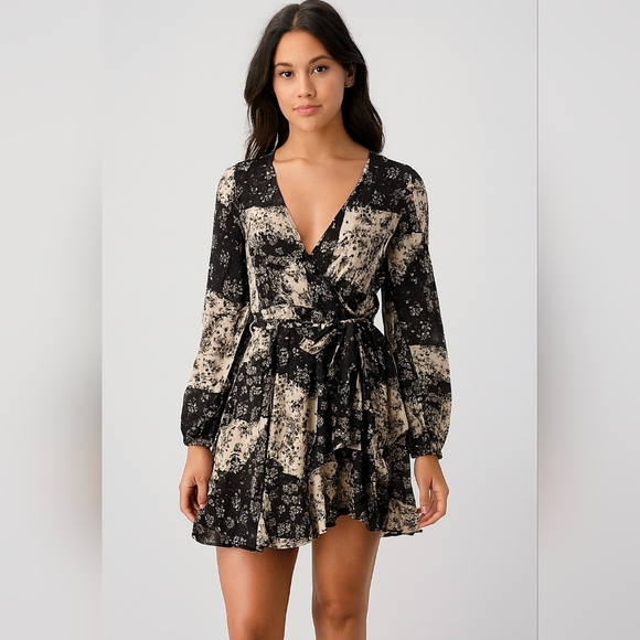 SO Floral Faux Wrap Mini Dress | Long Sleeve Black & Cream Patchwork Print - Picture 1 of 8